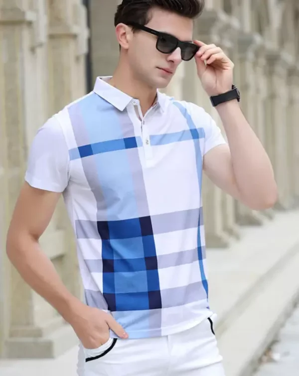 Men Checkered Polo Neck Cotton Blend White, Blue T-Shirt