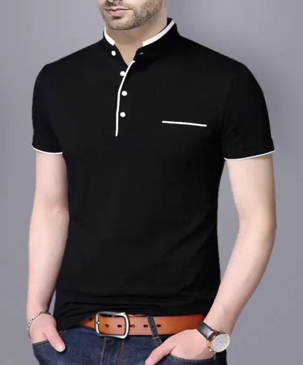 Men Solid Mandarin Collar Pure Cotton Half T-Shirt