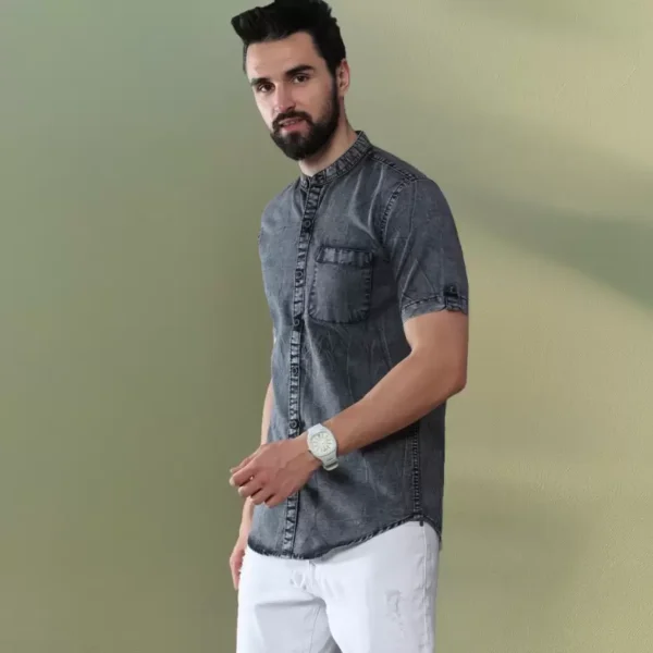 Men Regular Fit Solid Mandarin Collar Casual Black Jens Half Shirt