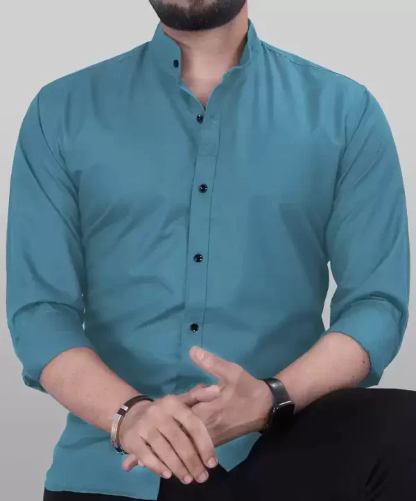 Men Regular Fit Solid Mandarin Collar Casual Full Shirt